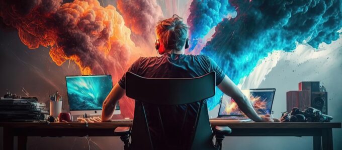 Image of a person sitting at a desk with a PC and laptop with coloured smoke billowing out from them.