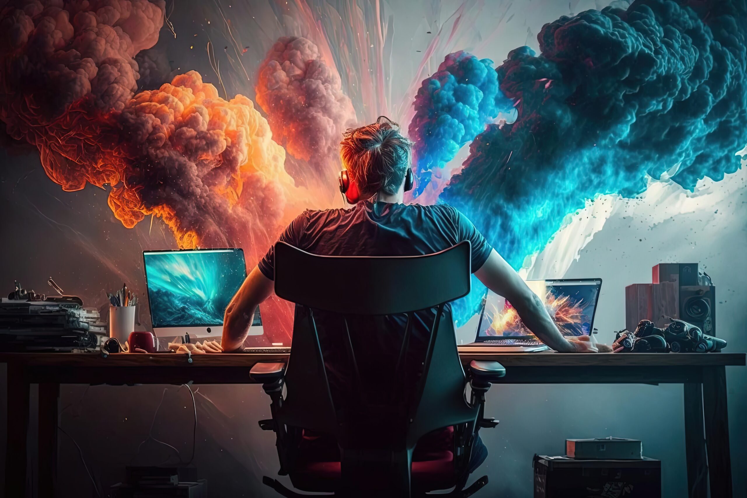 Image of a person sitting at a desk with a PC and laptop with coloured smoke billowing out from them.