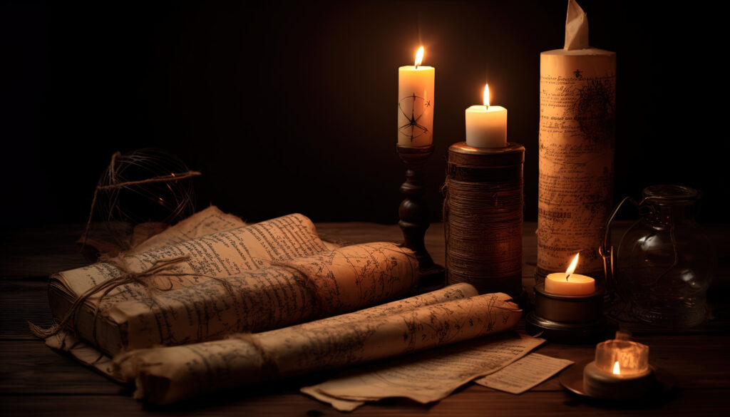 Ancient objects, books and manuscripts by candlelight.