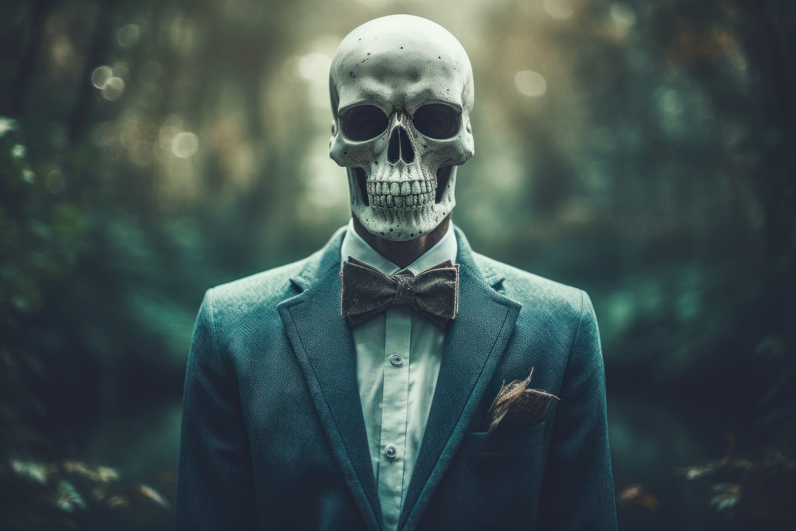 Skull with a skeleton in a business suit.